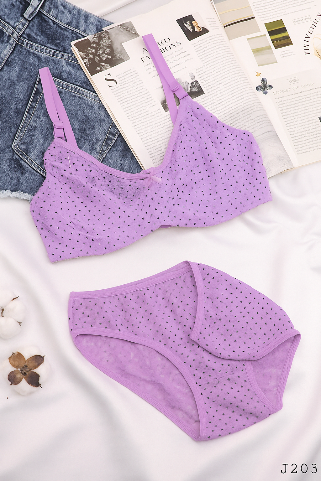 ست لباس زیر مدل نسیم (یاسی خال مشکی)