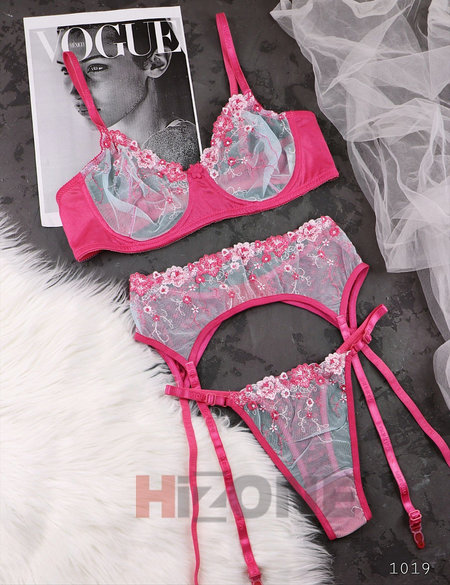 ست لباس زیر و بند جوراب  مدل ژاسمین (سرخابی)