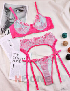 ست لباس زیر و بند جوراب مدل ژاسمین (سرخابی)