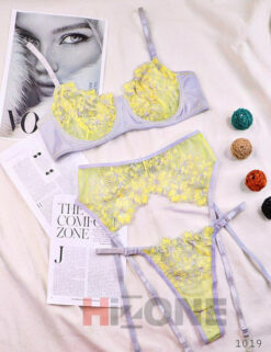 ست لباس زیر و بند جوراب مدل ژاسمین (طوسی)